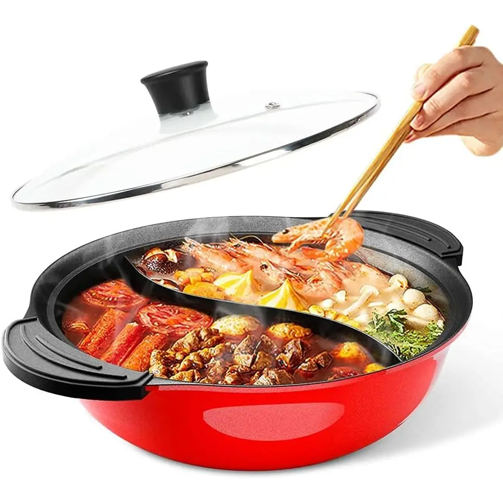 

Hot Pot with Divider or Induction Cooker Dual Sided Soup Cookware Two-lavor Chinese Shabhabu Pot or Home Party amily Gathering,