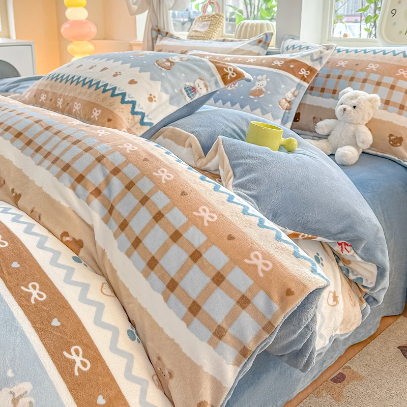 Cartoon Rabbit Winter Warm Plush Bedding Set Thick Soft Milk Velvet Duvet Cover Set with Bed Sheet Pillowcases Queen King Size