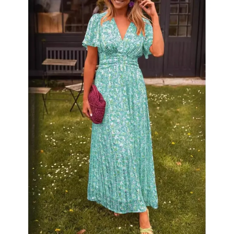 Vintage Women Floral Print Dress Bohemian New Casual V Neck Maxi Sundress Ladies Sexy Summer Boho Dress Female Beach Party Femme