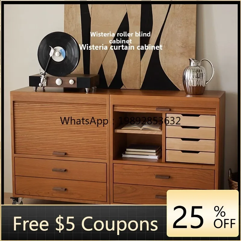 LYY Wisteria Rolling Shutter Cabinet Bedroom Storage Cherry Wood Living Room Sideboard with Drawers