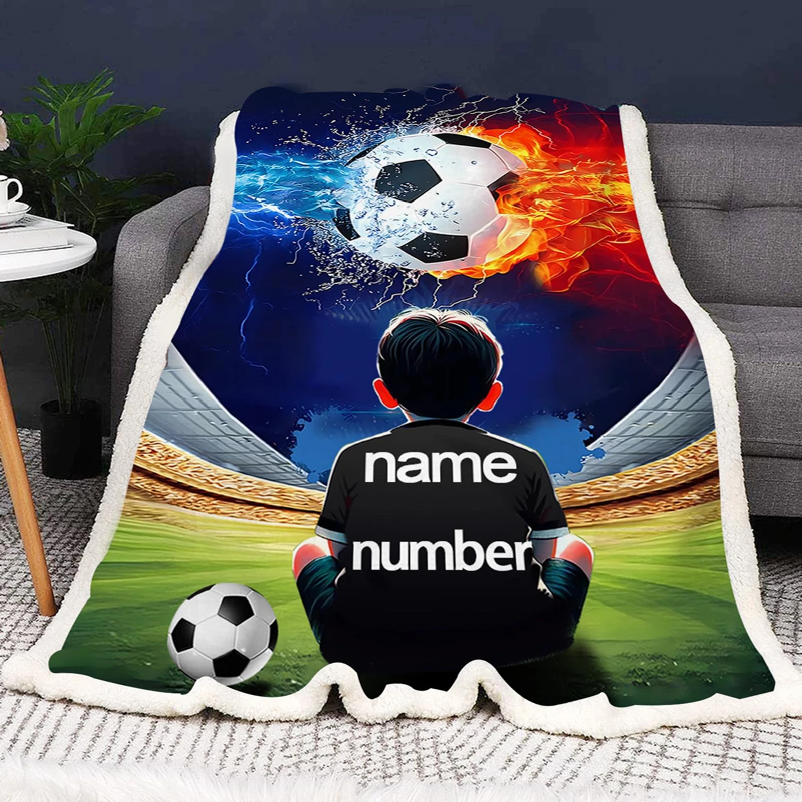 Football Boy Exclusive Name Customized Fluffy Plush Blanket Children Plush Personalized Printing Cartoon Modern Cute Children'S