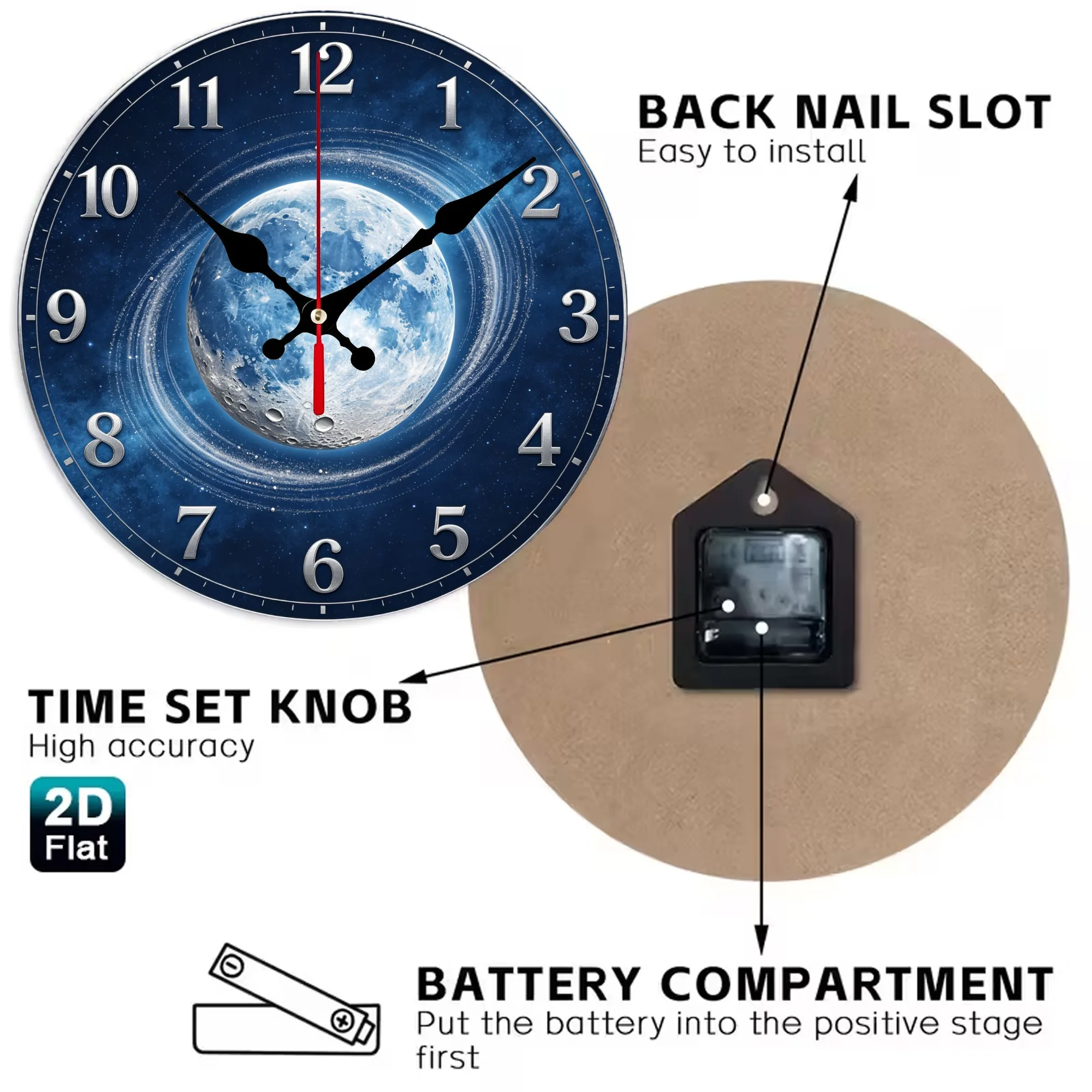 Blue Full Moon Cosmic Ring Wooden Wall Clock, 10/12 Inch Round Wood Clock, Silent Non Ticking Quartz Movement, Astronomical Night Sky Printed Home Decor