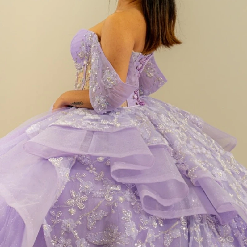Lilas clair brillant Quinceanera robes hors de l'épaule paillettes arc perles cristal tulle fête anniversaire doux 16 robe robes 15