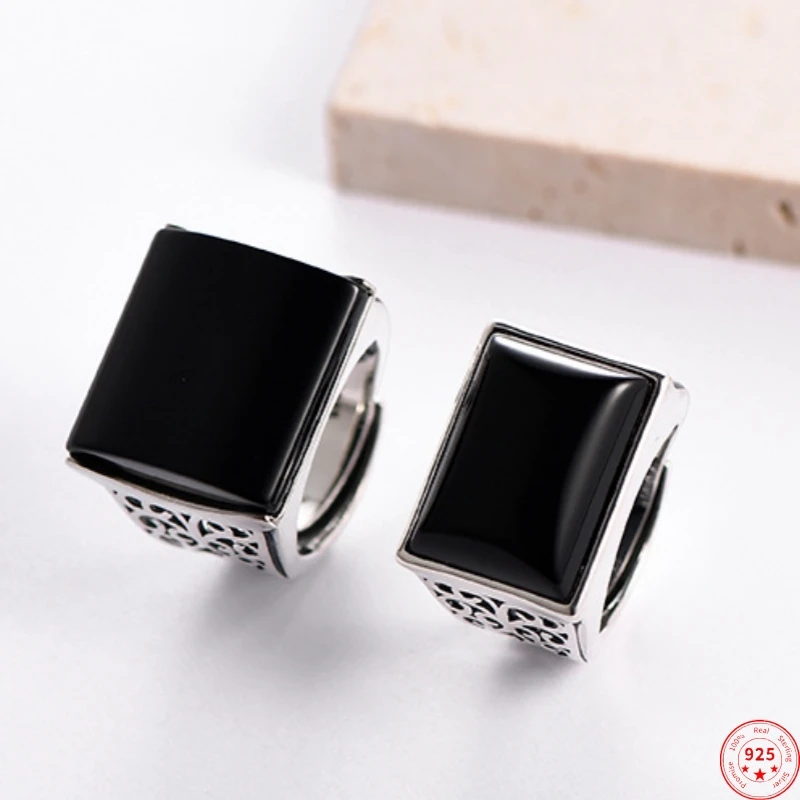 

S925 Sterling Silver Rings for Women Men New Fashion Hollow Flower Inlaid Square Black Agate Ancient Jewelry Free Shipping