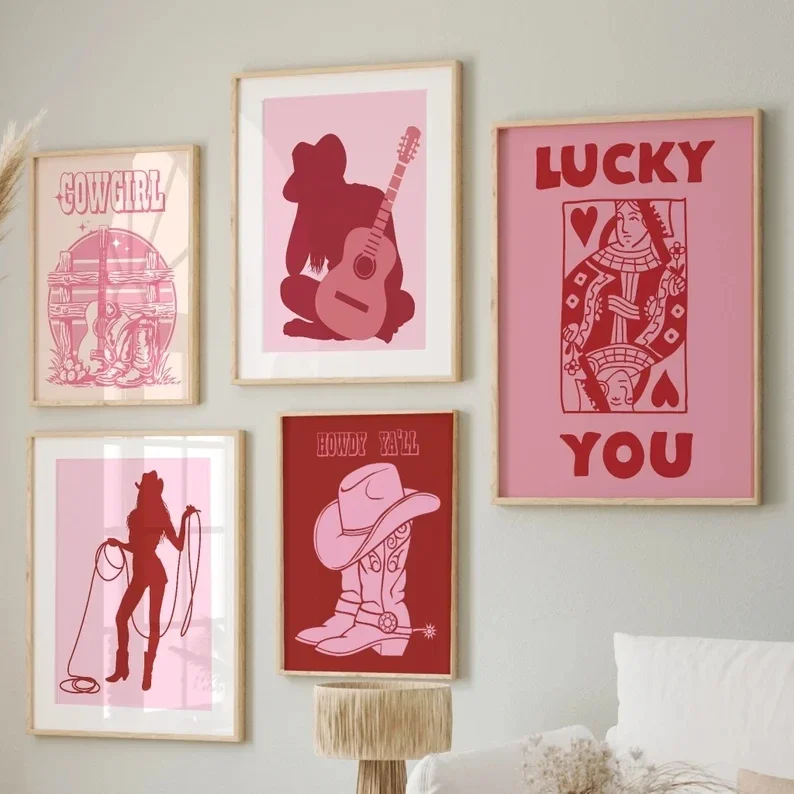 Pink Orang Preppy Western Cowgirl Guitar Trendy Poker Card Lucky You Poster Canvas Painting Wall Art Pictures Dorm Room Decor