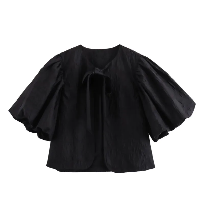 

Lace Up Top Women Spring Summer Shirts & Blouses Lantern Short Sleeved With Black Vintage Cardigan Blouses Loose Casual Top
