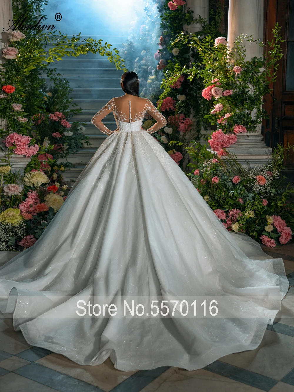 Alonlivn New Style V-Neck Ball Gown Wedding Dresses Novias Full Sleeves Beading Pearls Embroidery Lace Bridal Skirts