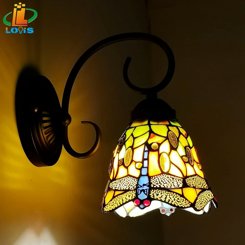 6" European Dragonfly Small Wall Lamp Tiffany Style Bar Restaurant Club Lighting Retro Nostalgic Stained Glass Hand-welded