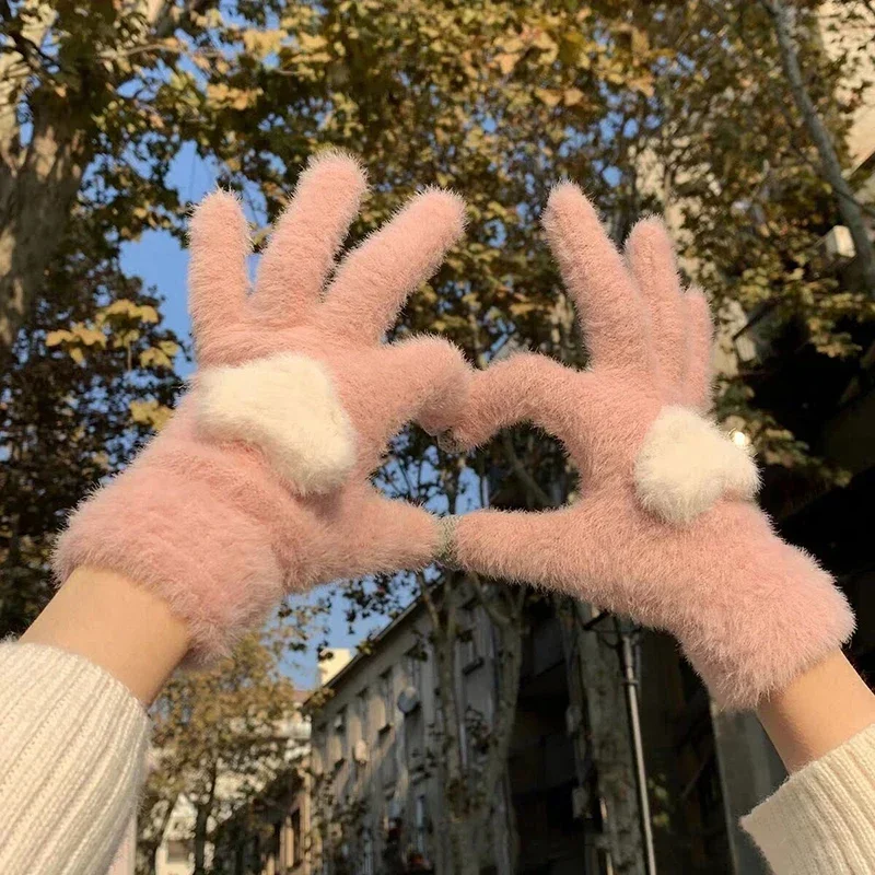 Korean Love Heart Pink Gloves Women Plush Gloves Autumn and Winter Thick Mittens Full Finger Gloves Girls Warm TouchScreen Glove