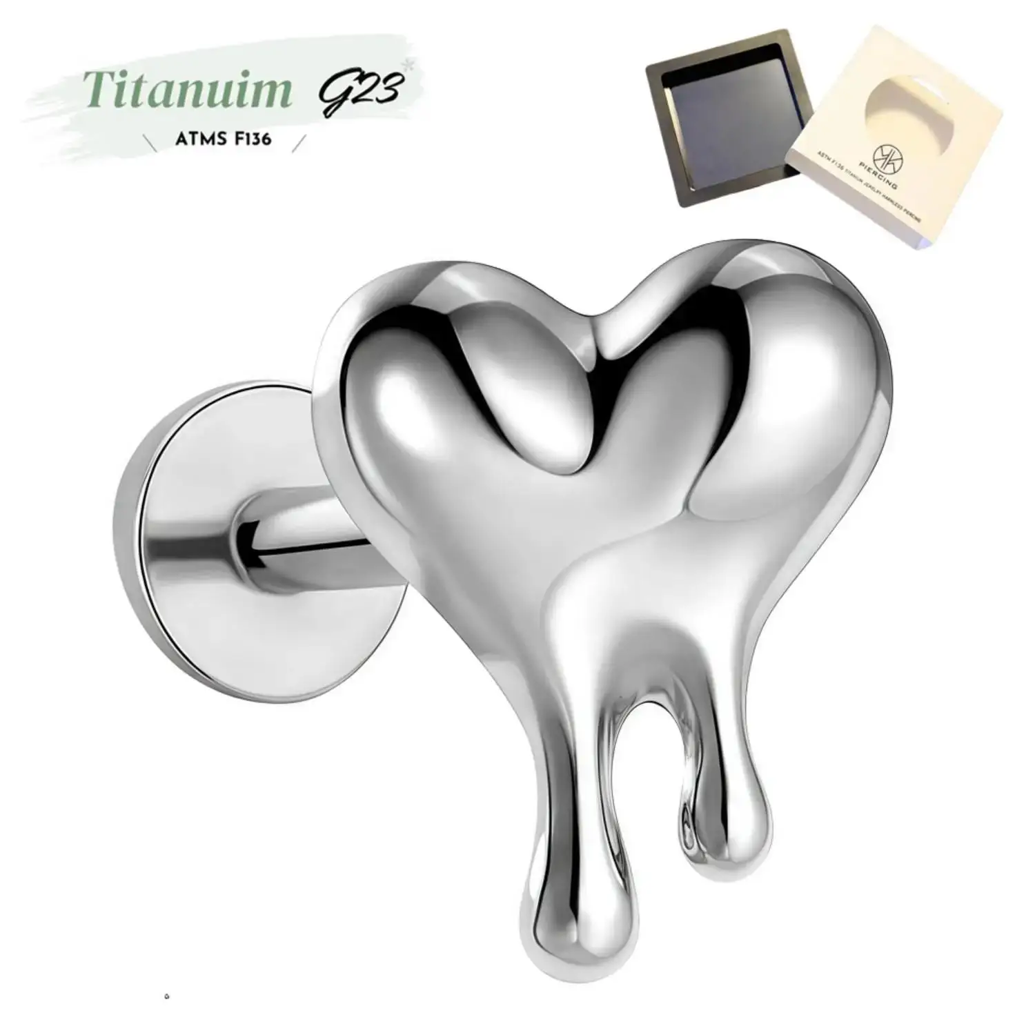 G23 Solid Titanium Cartilage Heart Pendientes Stud sin hilo Flat Back Helix Tragus Medusa Push In Pendiente Piercing Caja de joyería