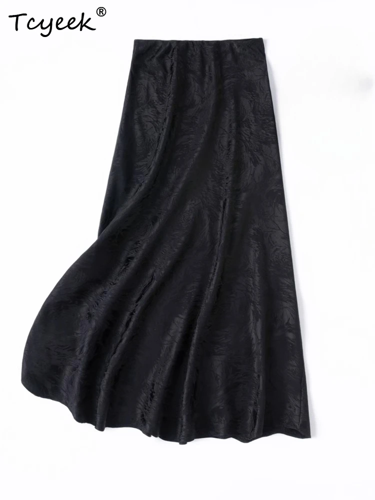 Tcyeek 93% Mulberry Silk Black Skirt 2026 Elegant Skirts Woman Clothes Spring Summer Skirt Women Fashion Split Skirts Jupe Femme