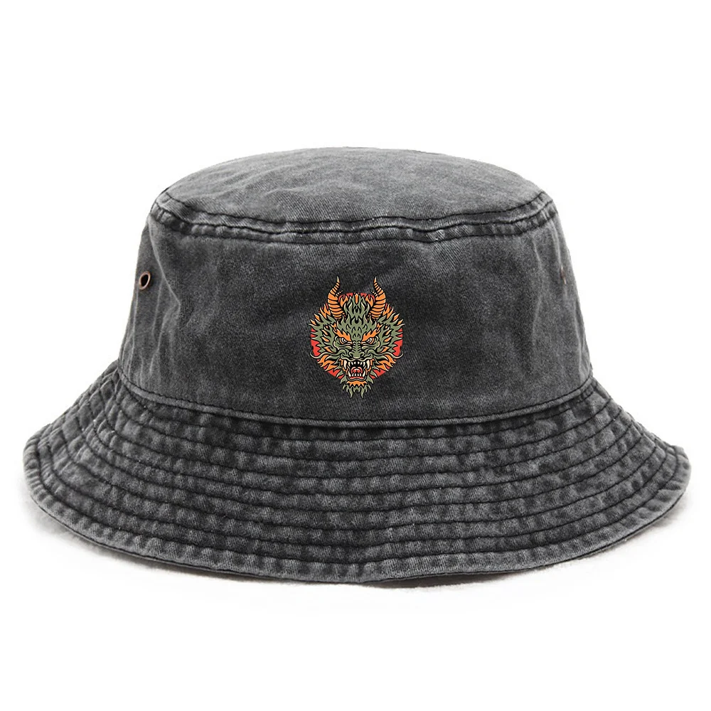 1pc Dragon Printed Washed Fisherman Hat, Art Printed Hats for Men, Hat for Women, Outdoor Style Hat, Breathable Fisherman Caps,