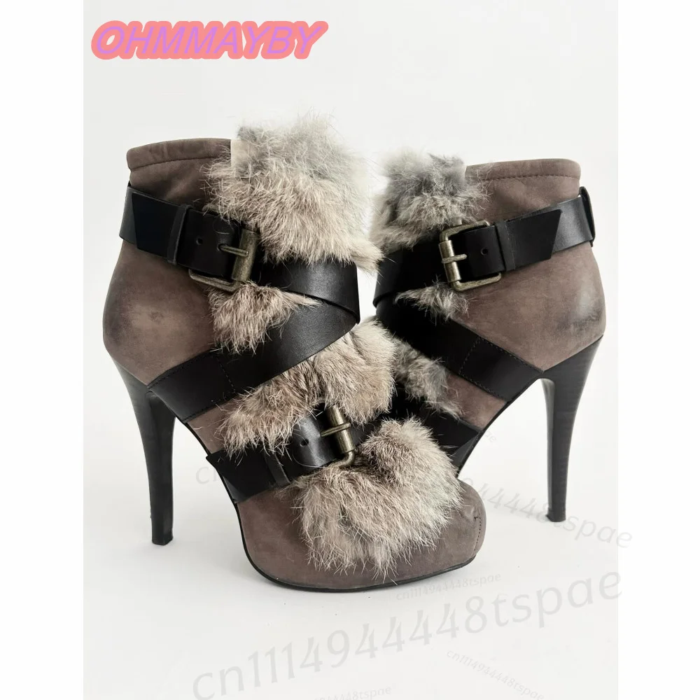 Women Taupe Ankle Boots Round Toe High Heels Suede Look Fluffy Trim Black Crossed Buckle Straps Gothic Fall Winter Party Shoes