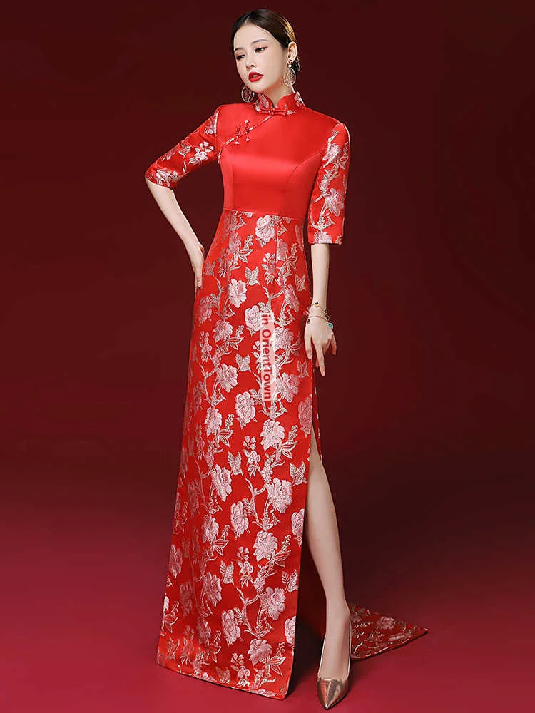 Chinese Vintage Red Model Walking Show Dresses Stage Cheongsam Performance Evening Attires Host Lady Embroidered Flowers Dress