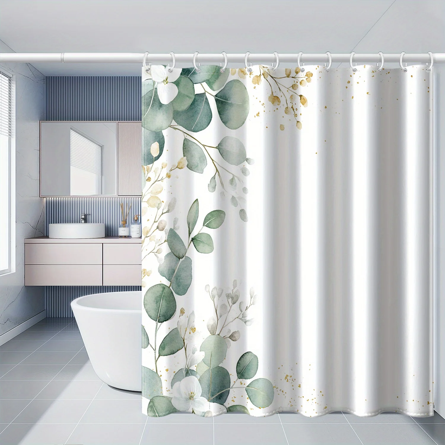 1pc Fresh Watercolor Eucalyptus Leaves with White Flowers Pattern Nordic Style Cross-border Printed Shower Curtain Bathroom Home