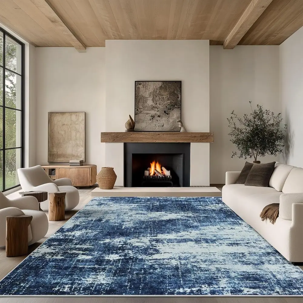 

Large Deep Blue Modern Abstract Area Rug, Washable, Soft Thin Carpet for Living Room, Bedroom, Office, No Slip, Suitable Under D