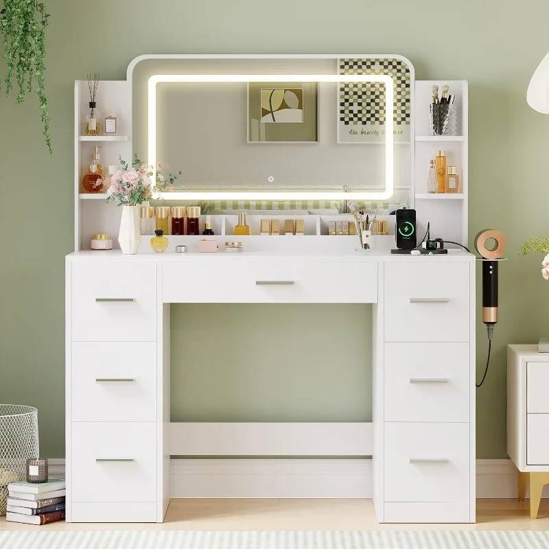 JUMMICO Makeup Vanity Desk with Large Mirror and LED Lights, Vanity with Power Strip and Hairdryer Holder, 6 Open Shelves