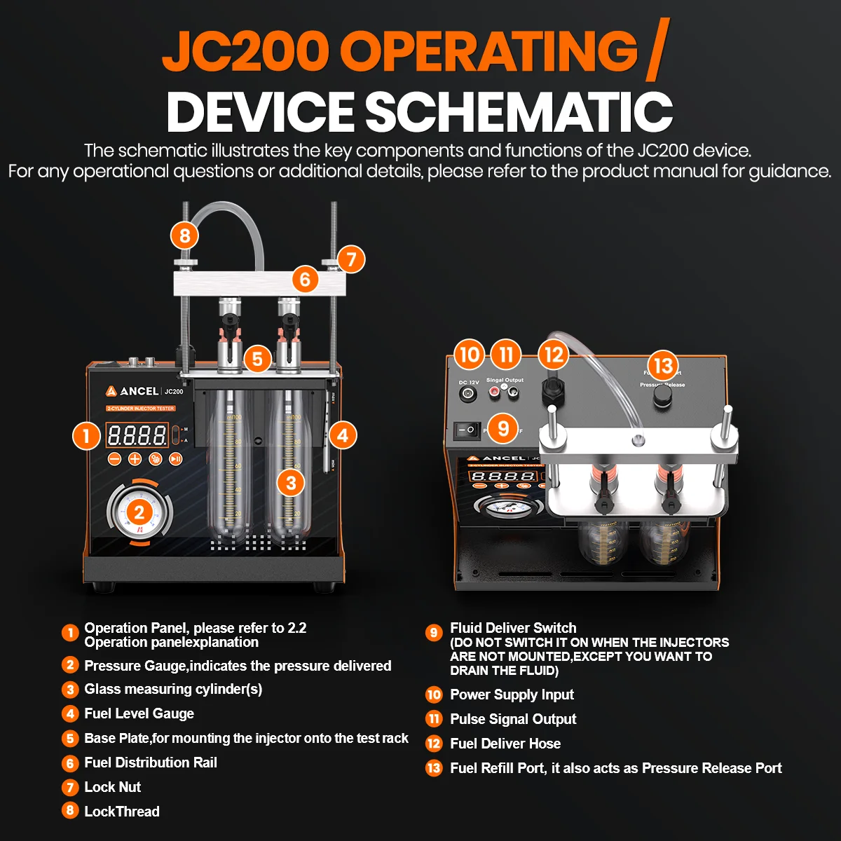 ANCEL JC200 Fuel Injector Cleaning Tester Machine for Car Motorcycle 2-Cylinders Pressure Adjustment Built-in Air Pump 6V 12V