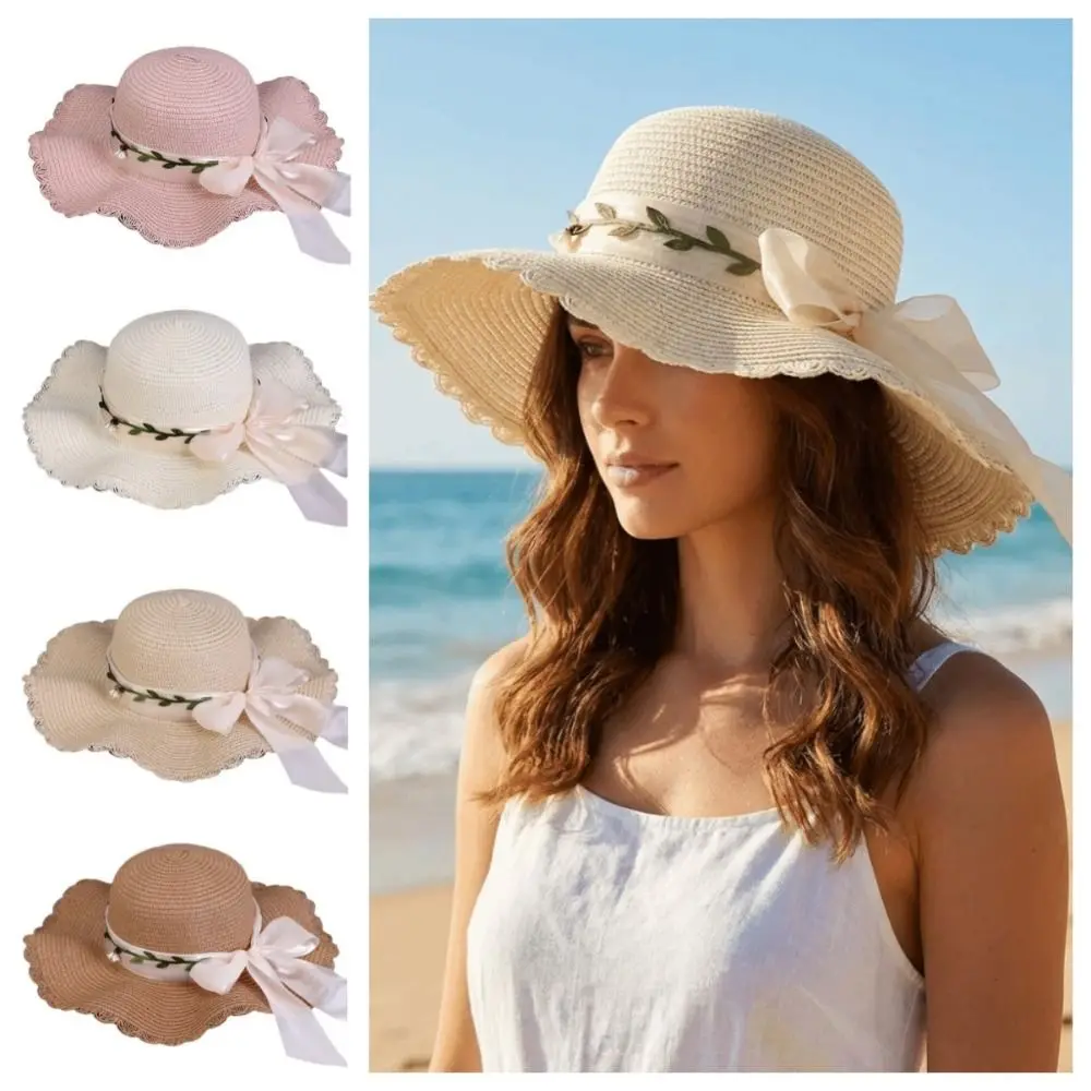 

Sweet Colorful Bow Straw Hat Boho Visor Women's Sun Hat Korean Style Wide Brim Fisherman Hat Girls