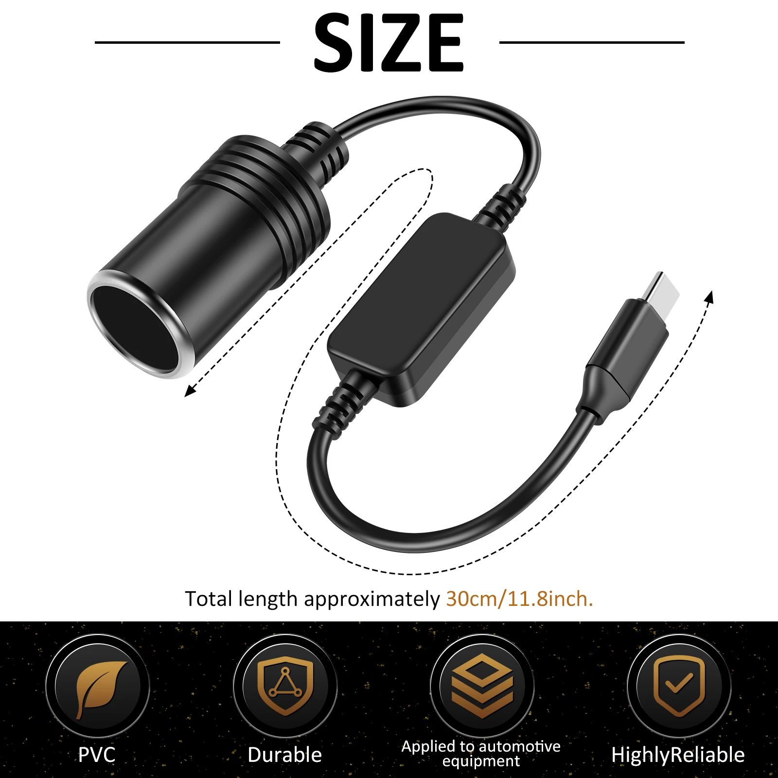 4/2Pcs Car Cigarette Lighter Socket USB C Type-C To 12V Male to Female Cigarette  Lighter Adapter Power Cable