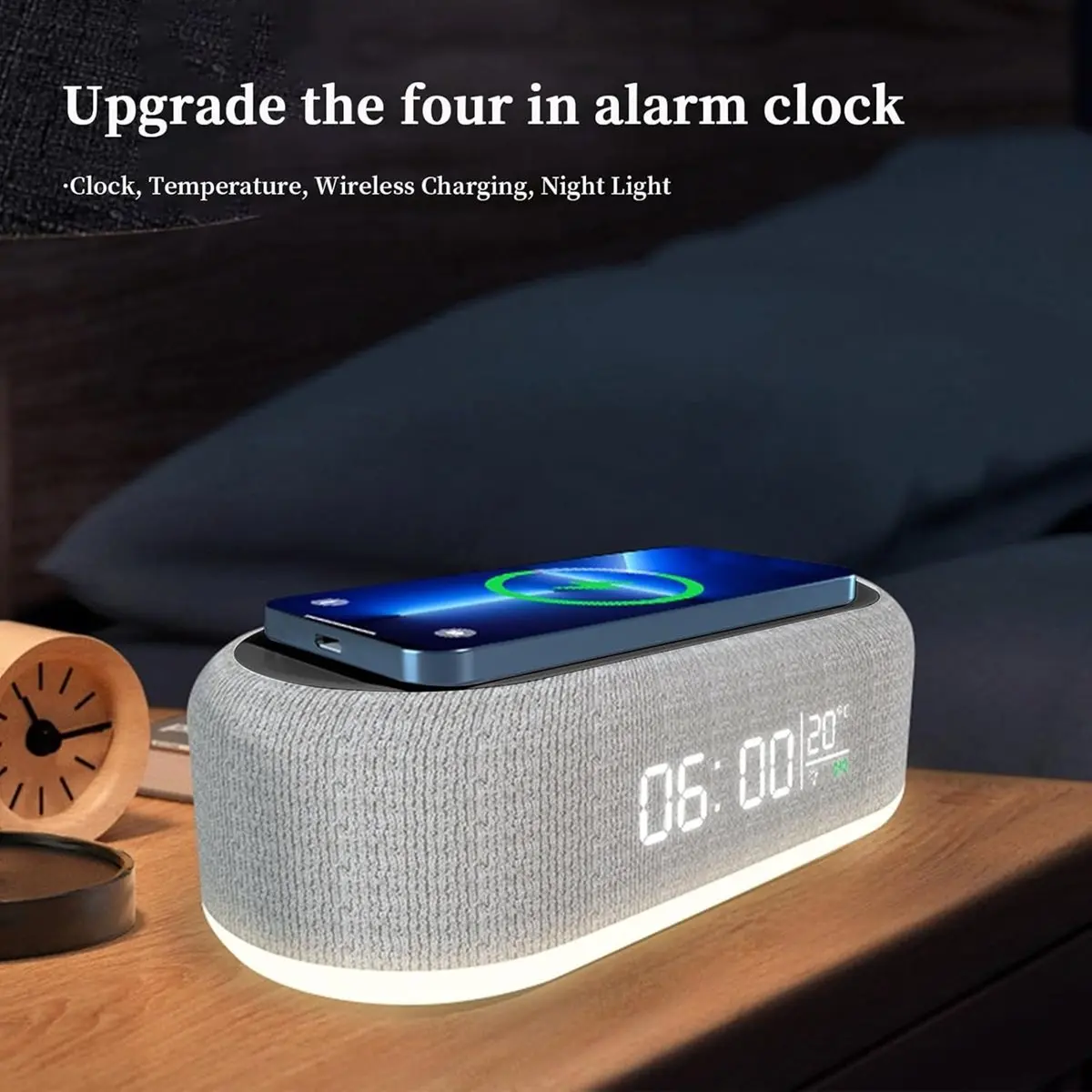 ^DT870~~4-in-Alarm Clock with Wireless Charging, 15W Fast Charger Station, Temperature Display, Night Light, Brightness Dimmer