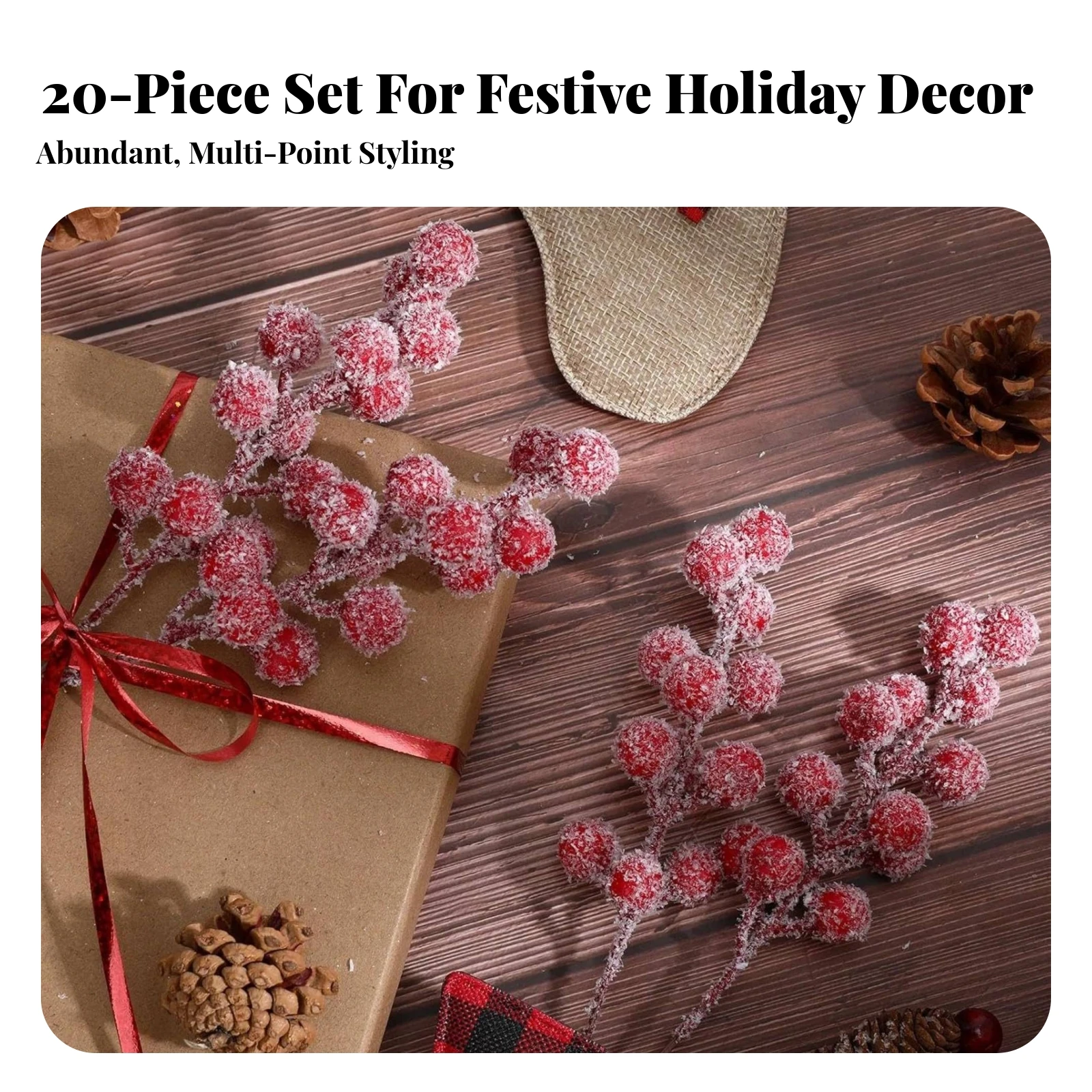 20 Pieces Artificial Red Holly Berry Branch Snow-Covered Red Holly Berry Stem Decorations Bendable Decorative for Crafters