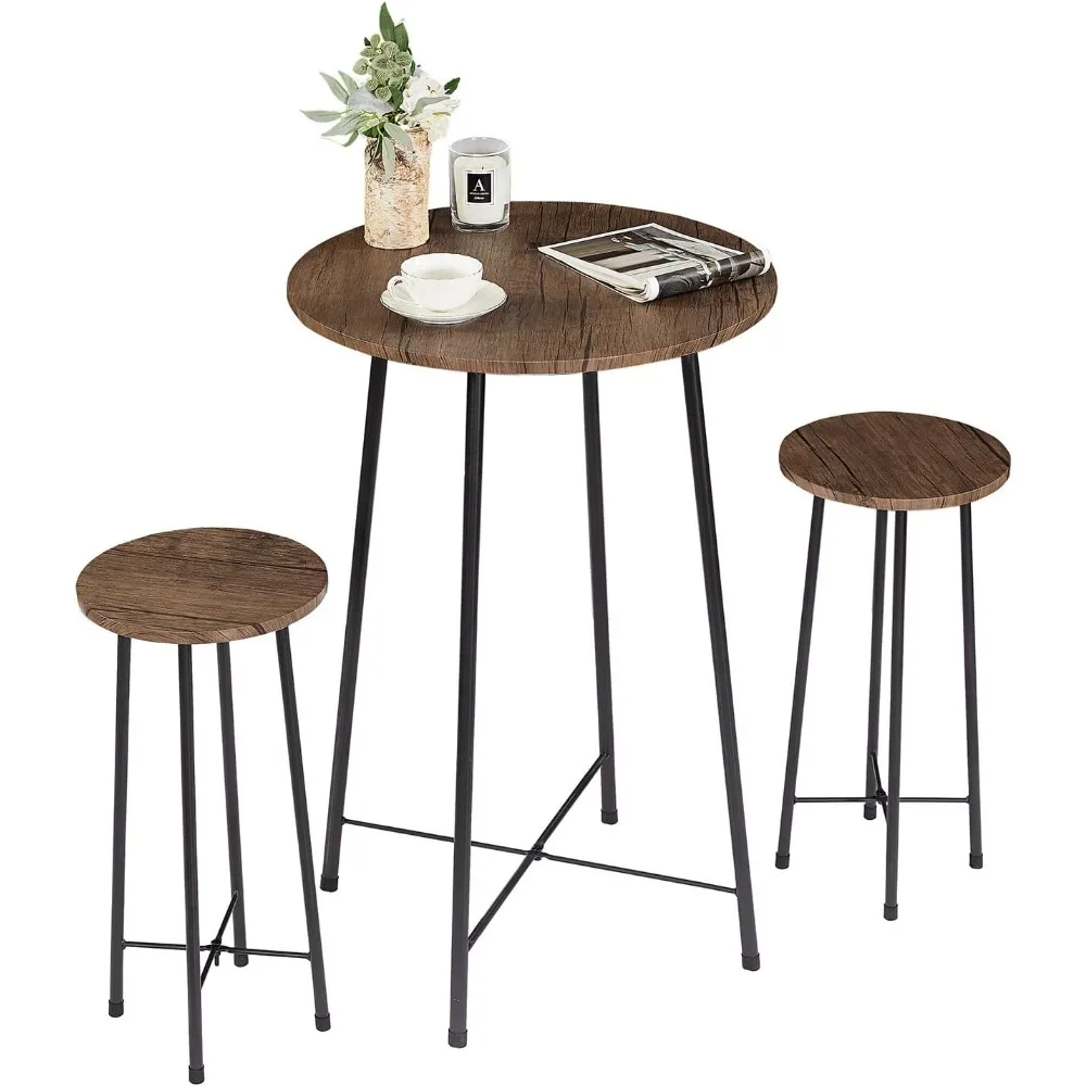 

Small Bar Table and Chairs, Round Bistro Sets with 2 barstools, 3-Piece Pub Dining Furniture, Counter Height Wood Top