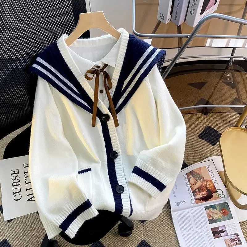 

y2k Sweet Little Titty Navy Collar Jacket Autumn 2024 New Loose Gentle Wind Versatile College Style Cardigan Pullover