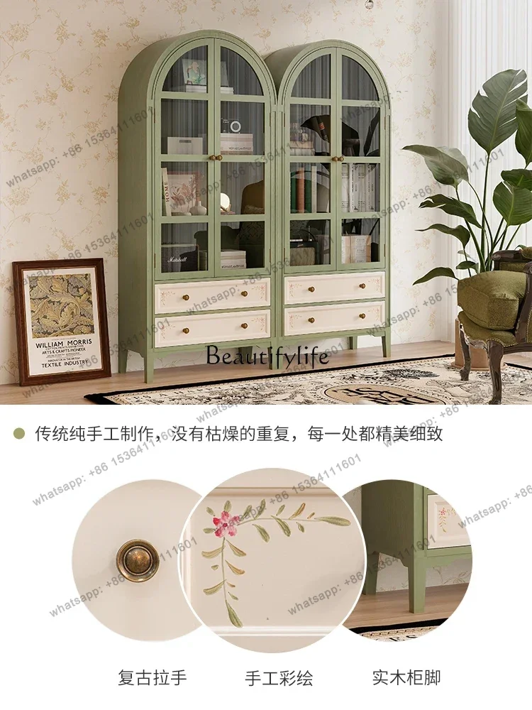 Customization Vintage French Arch Dustproof Glass Door High Cabinet Handcrafted Cabinet Solid Wood