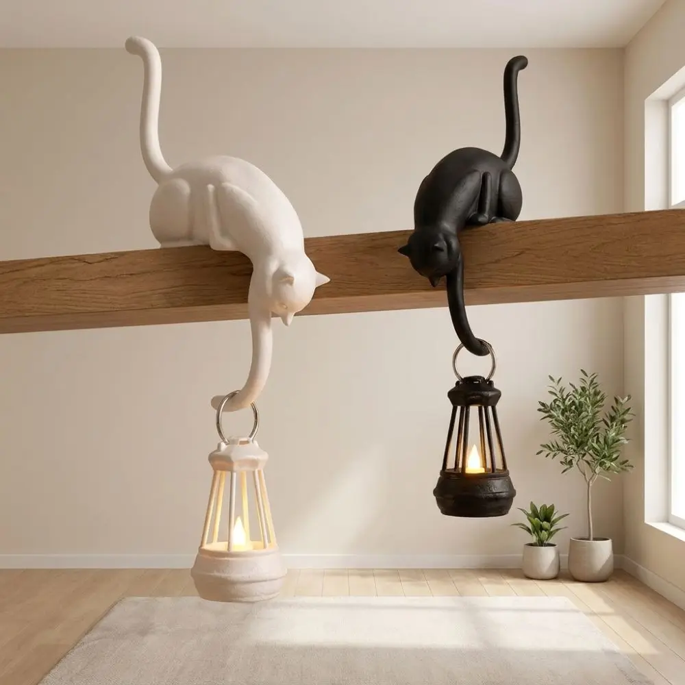 3D Printed Cat Wall Hook Light Cute Figurine with Lantern Cat Shaped Hook Inverted Cat Artistic Cat Hanging Hook