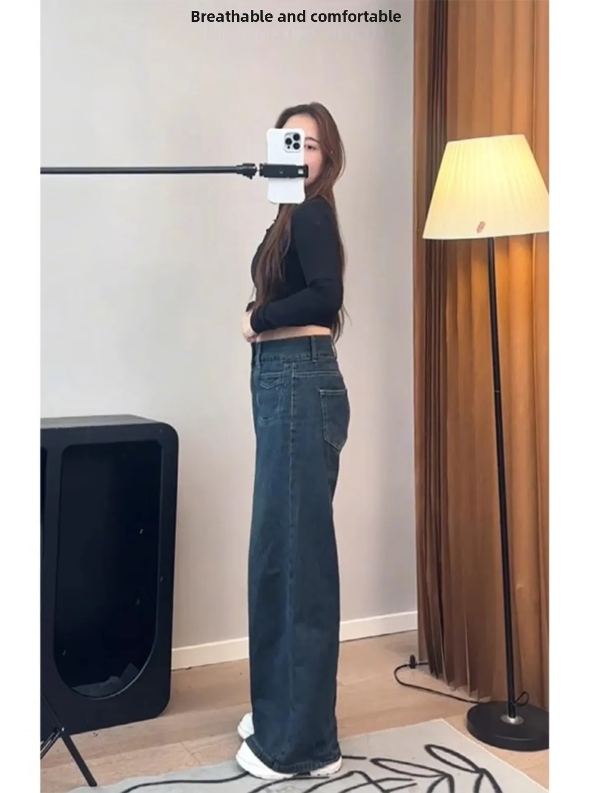 الرجعية عالية الخصر Fce اصطف واسعة الساق الجينز المرأة الخريف الشتاء حجم كبير التخسيس مستقيم قطع بنطلون فضفاض صالح الجينز