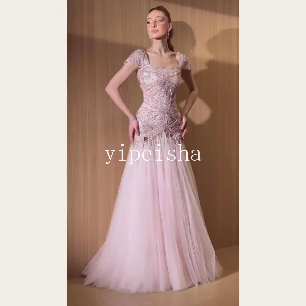Customized Blush Pink Square Neck  Evening Dress Short Cap Sleeves Heavy Beaded  Length Prom Gown Wedding  Women Maxi Dress