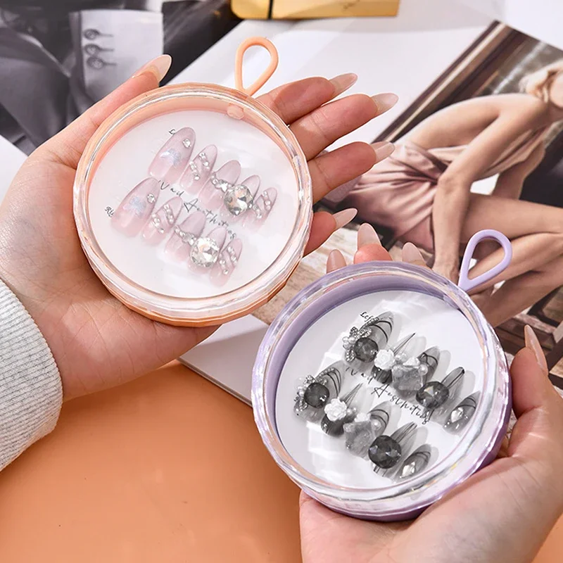 1/6 PCS Empty Press-On Nail Storage Plastic Round Shape Boxes With Lanyard Clear Nail Packaging Case Storage Tool Accessories