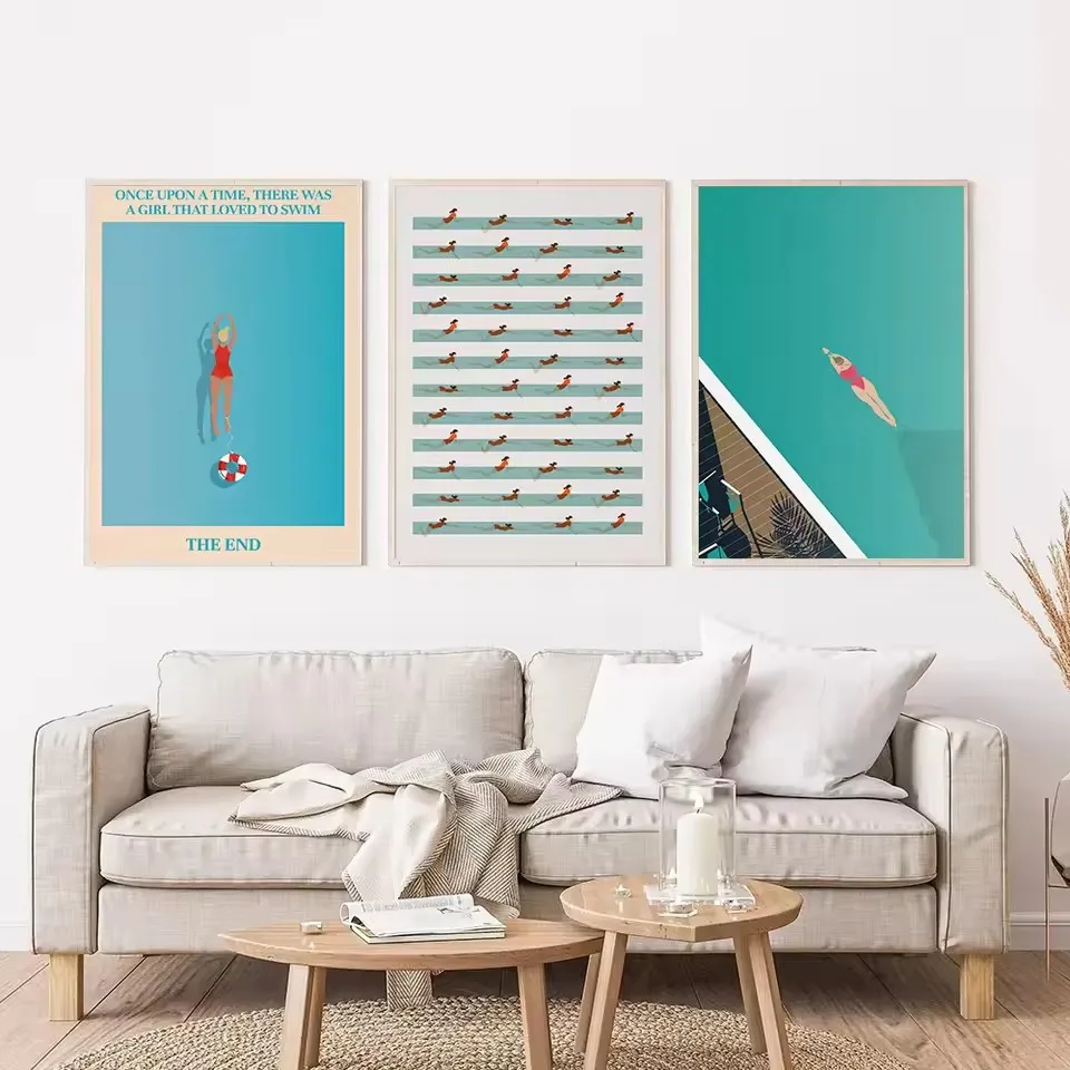 Retro Abstract Summer Swimming Pool Diver Beach Surfing Poster and Printed Canvas Painting Wall Art Pictures Home Bedroom Decor