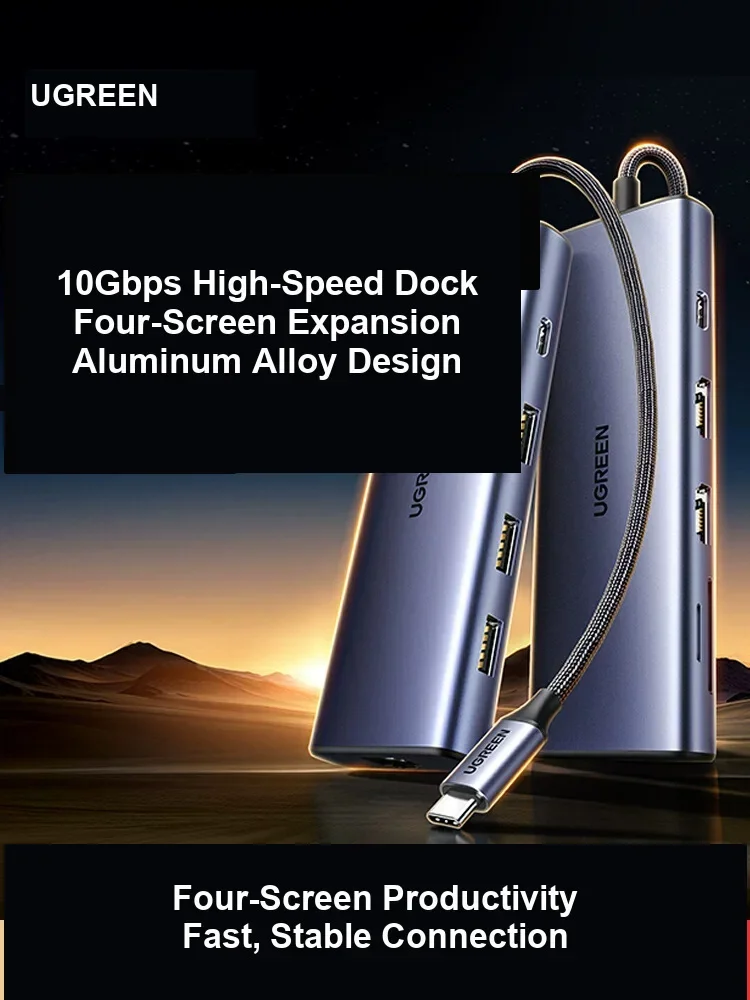 UGREEN CM490 USB C Docking Station Dual HDMI DisplayPort 8K 30Hz Quad Display 10Gbps USB Gigabit Ethernet 100W PD.