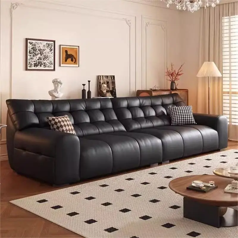 Retro Big Black Bear Top Grain Cowhide Leather Sofa, Mid-Century Italian Black Straight Leather Sofa for Living Room