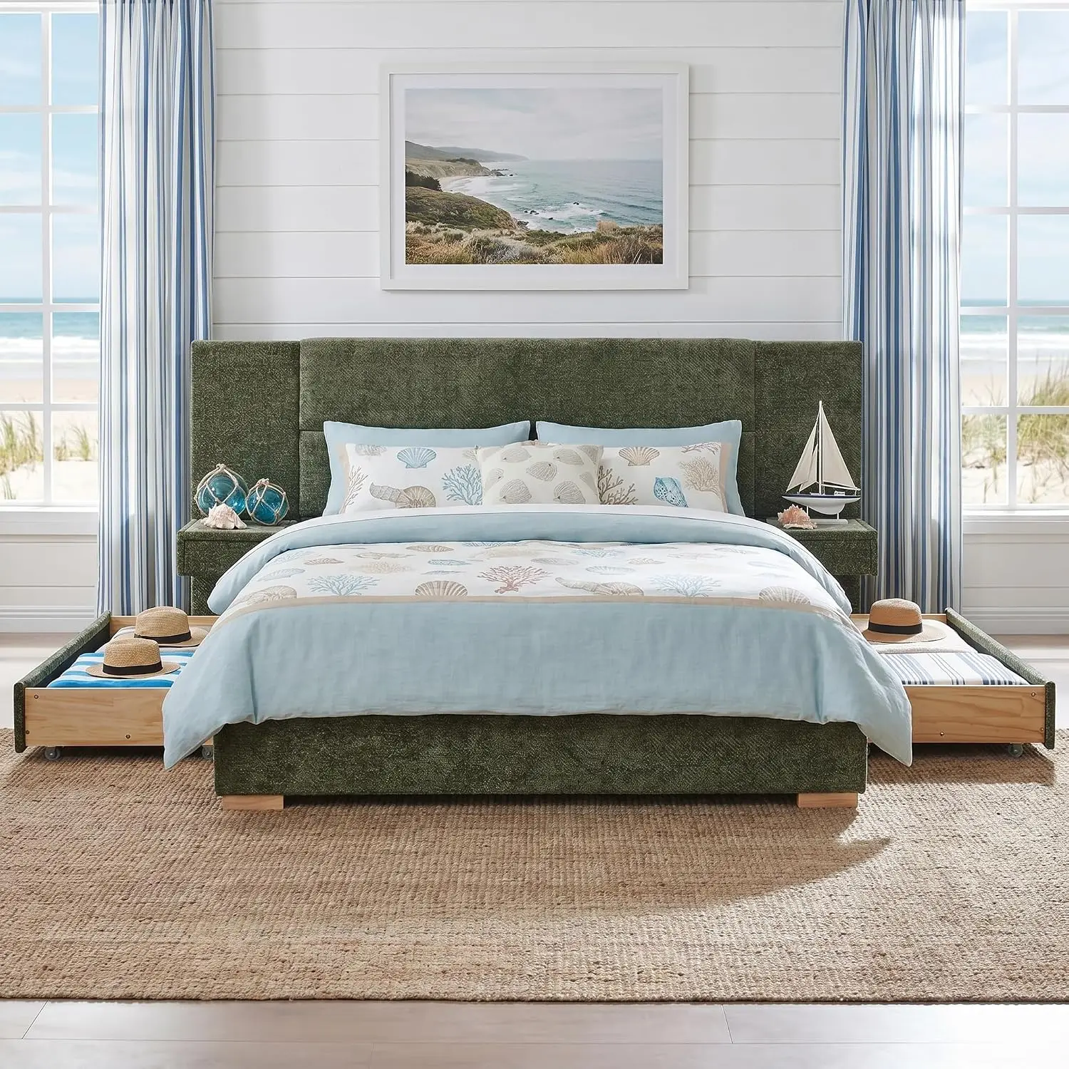 Queen Size Platform Bed with Drawers & Built-In Nightstands, Turtle, Customized