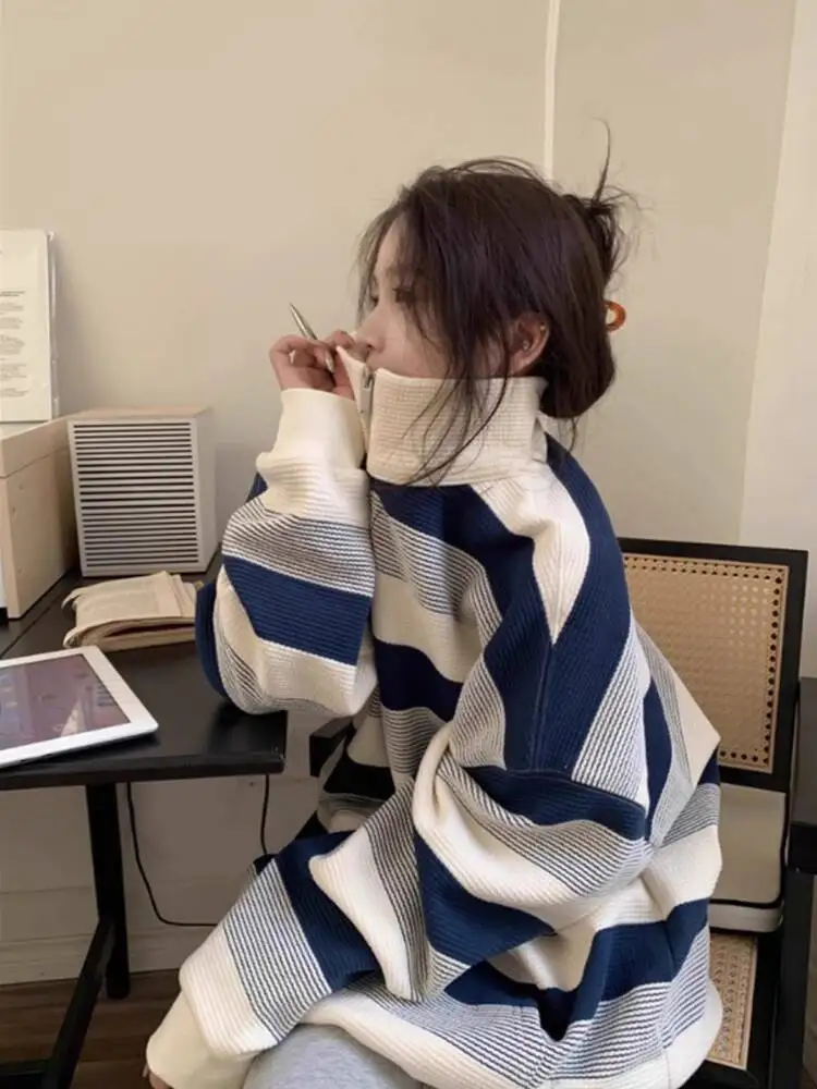Women Sweater 2025 Autumn Women's Preppy Striped Sweatshirt Collared Half Zip Loose Plus Size Petite Friendly Student Jacket