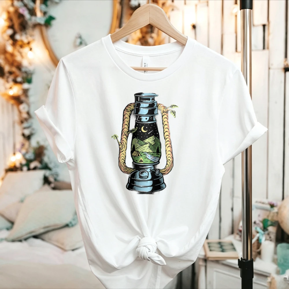 autumn Vintage Camping Lantern Mountain Night Scene Cotton T Shirt Nature Outdoor Graphic Casual Short Sleeve Tee Camper Tops