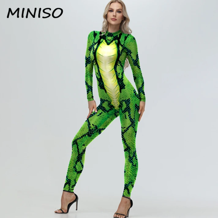 MINISO Cosplay Women Halloween Costumes Outfits Animal Frog Pattern 3D Printing Jumpsuits Fancy Dress Zentai Bodysuits