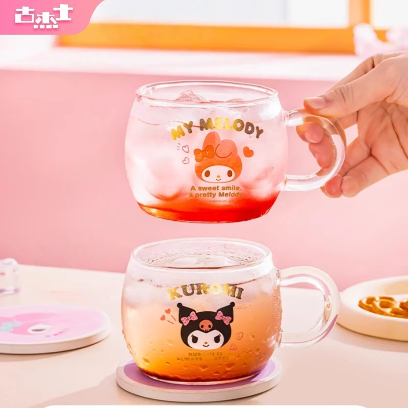 For Sanrio Glass Cups Transparent Coffee＆Milk Mugs Cartoon 400ML Hello kitty Water Cups with Handle Home Breakfast Drinkware