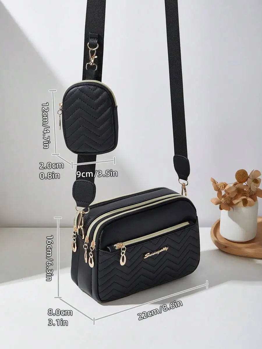 2pcs Set Quilted Multi-Layer Crossbody Bag, Shoulder Bag, Women's Bag With Charm, Small Bag