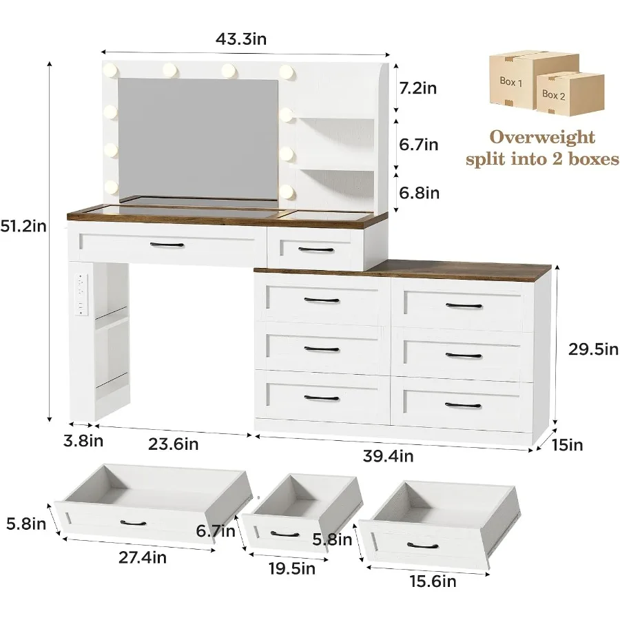 Farmhouse Makeup Vanity Desk, Vanity 6-Drawer Dresser Combo, Antique White