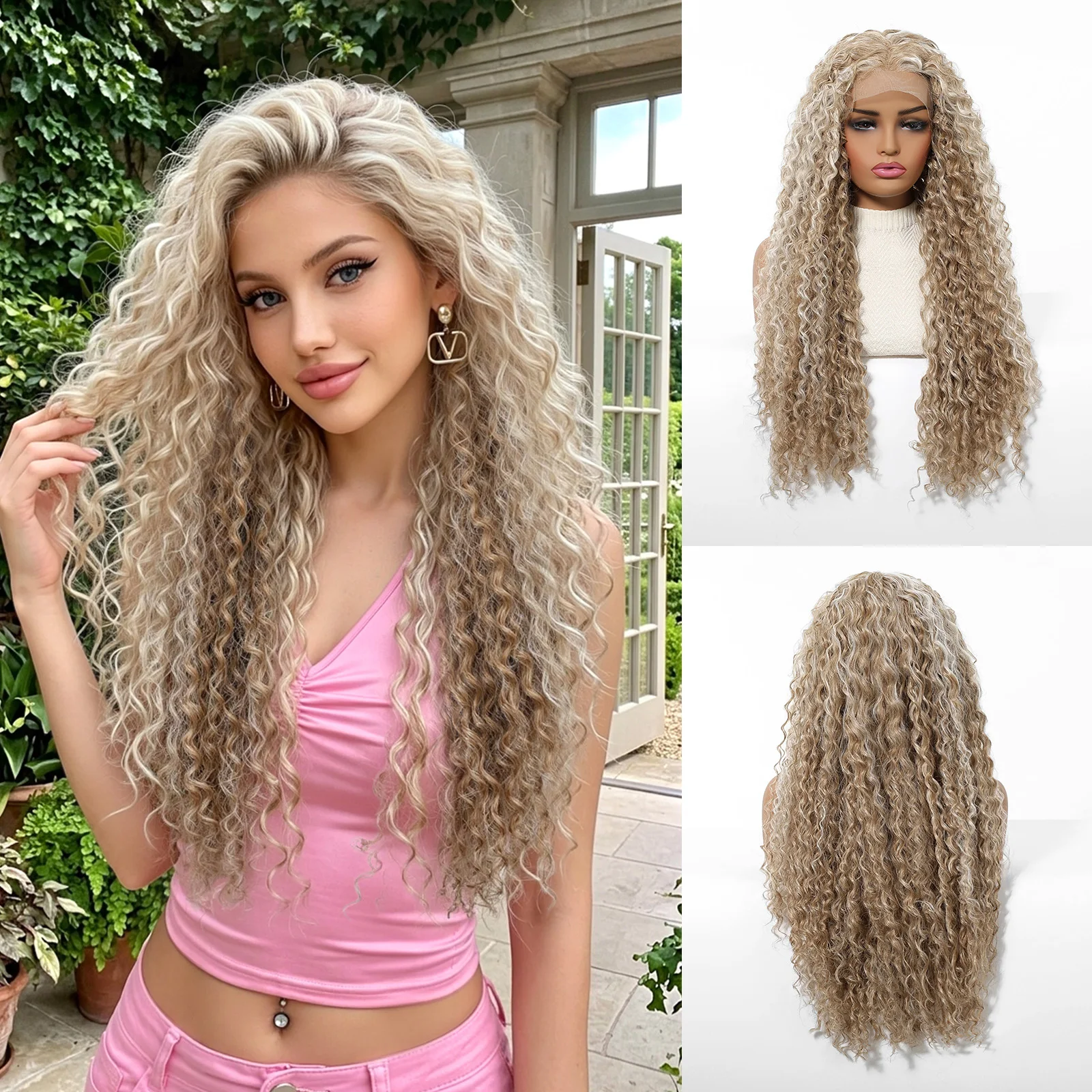 

Topshe 26 Inch Honey Blonde Highlight 4x1 Lace Front Wig, Ships from USA, Glueless Pre Cut Lace Deep Curly Synthetic Wig