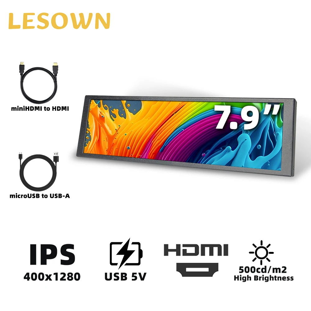 LESOWN 7.84 inch Stretched Bar Screen Display 400x1280 IPS HDMI 500cd/m2 High Brightness Long Bar Touchscreen mini Wide Monitor