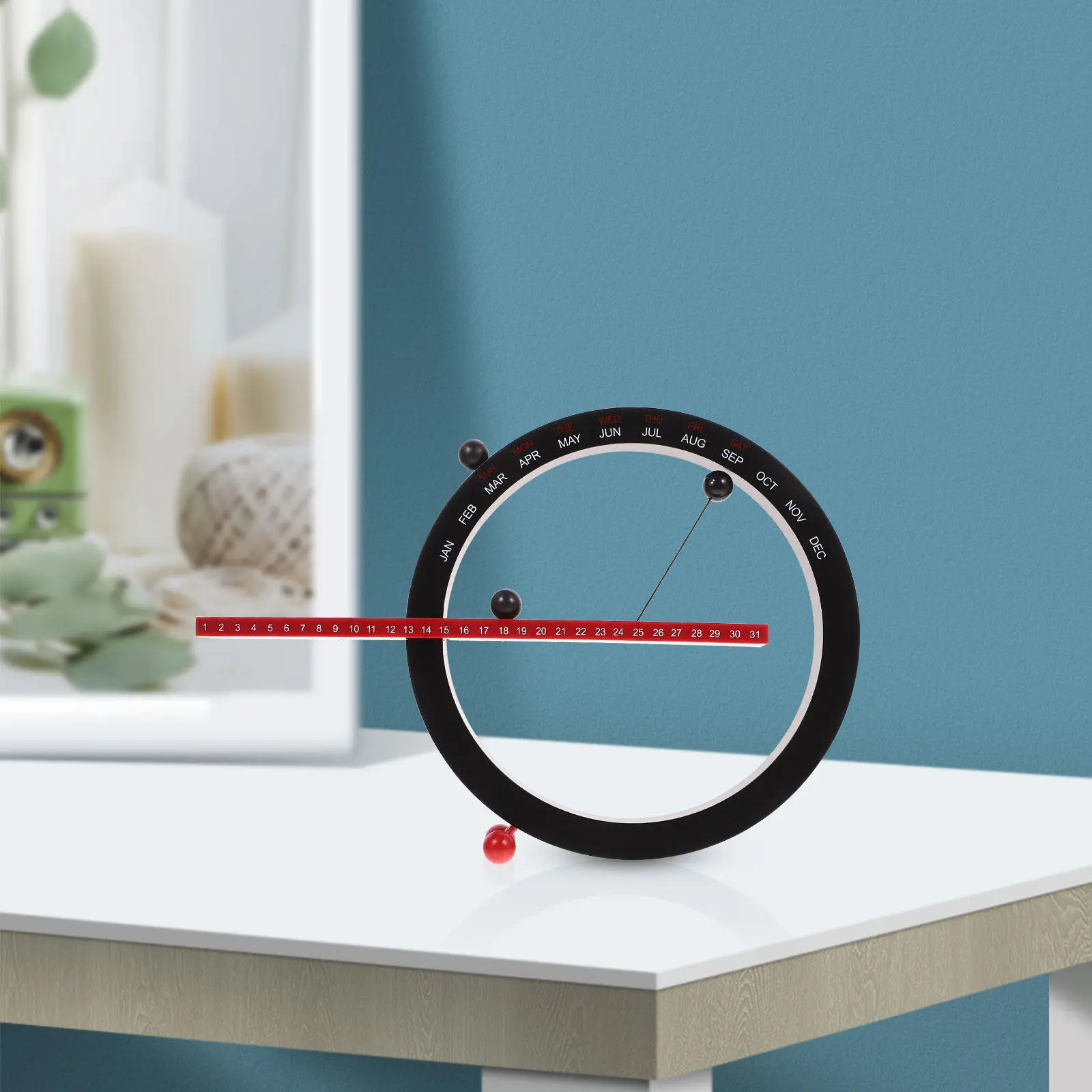 

Магнитный настольный календарь, 1 шт., черно-красный, недеформируемый, функциональный, с индикатором дня недели, года, месяца, даты, с кольцом-шариком