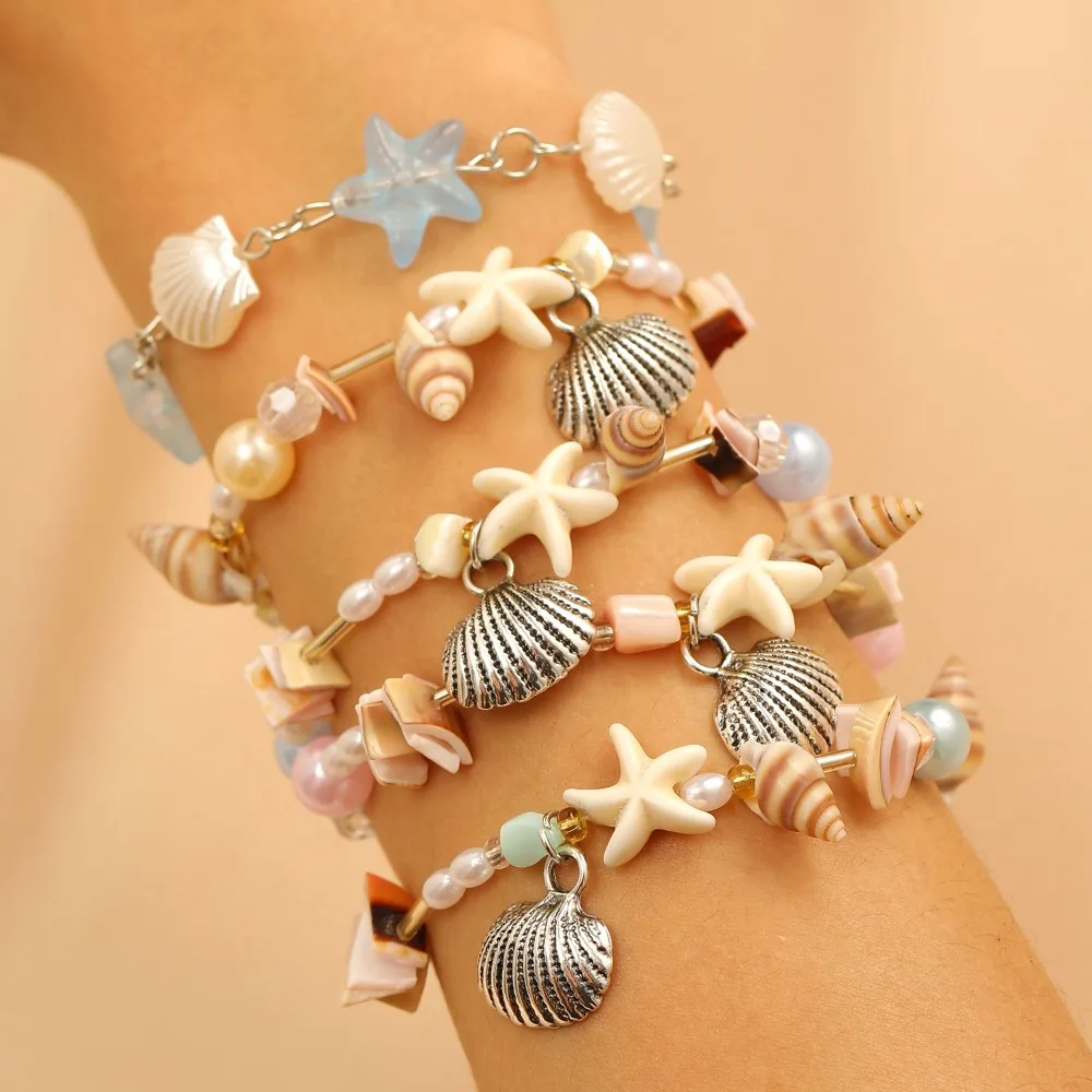 Bohemia Fashion Colorful Natural Stone Shells Starfish Conch Splicing Beaded Bracelet for Women Summer Beach Ocean Jewelry Gifts