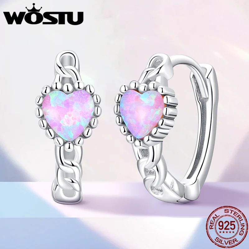 WOSTU 925 Sterling Silver Classical Heart Shape Pink Opal Hoop Earrings Bear Clover Studs Buckles With CZ Wedding Women Jewelry