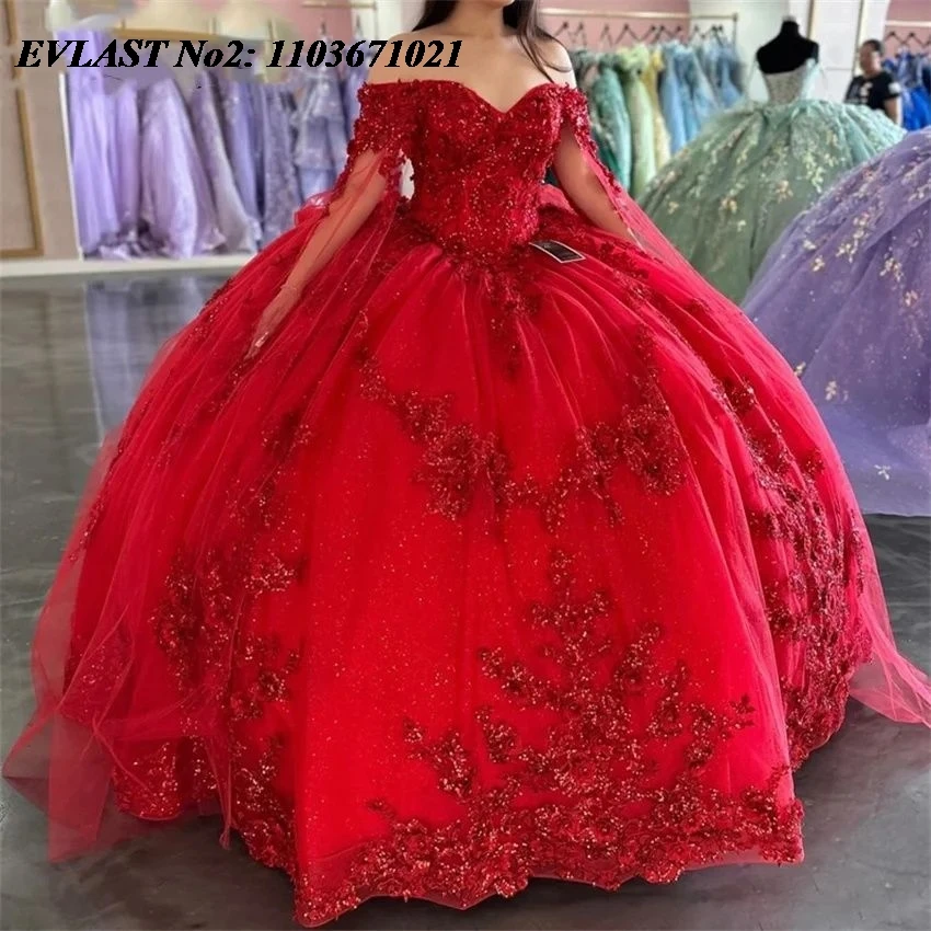 

EVLAST индивидуальное блестящее красное платье Quinceanera с 3D цветочной кружевной аппликацией и оборками для вечеринки Sweet 16, Vestidos 15 Anos E2QA103