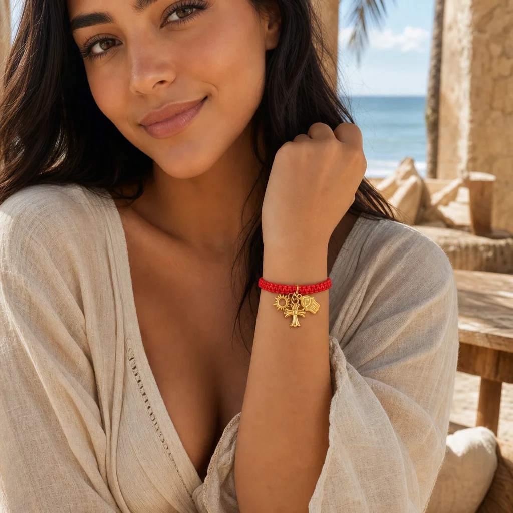 1pc Red Cotton Rope Cross Charm Bracelet with Gold Tone Metal Christian Charms Tie Closure for Women Beach Style
